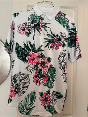 Under Armour White Polo with Pink Floral & Green Leaf Print